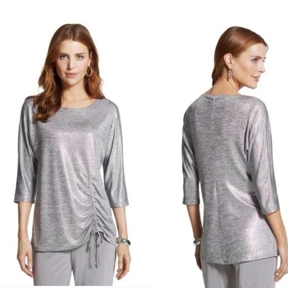 Chico's Travelers Collection Top Size 2 12 L Metallic Silver Gray Ruched Blouse - Picture 1 of 9